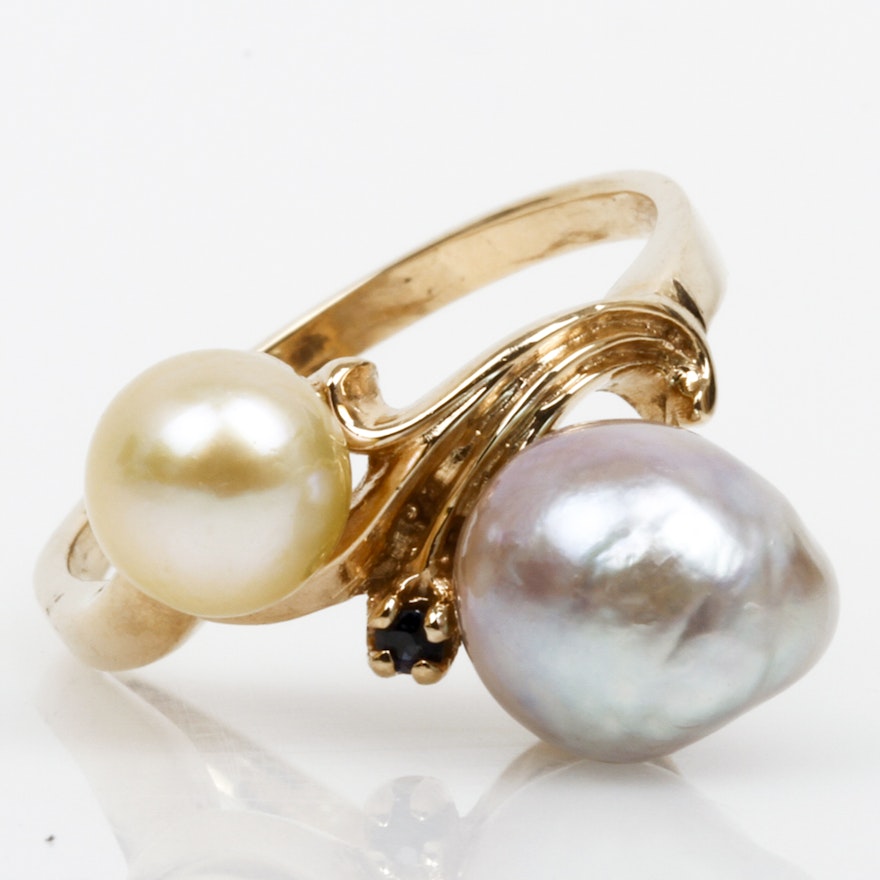 14K Yellow Gold, Cultured Pearl, and Sapphire Cocktail Ring