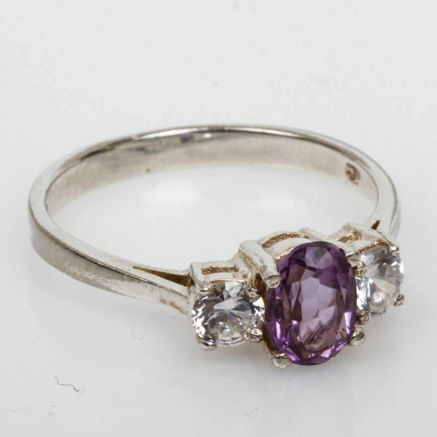 Sterling Silver, Amethyst, and Cubic Zirconia Three Stone Ring