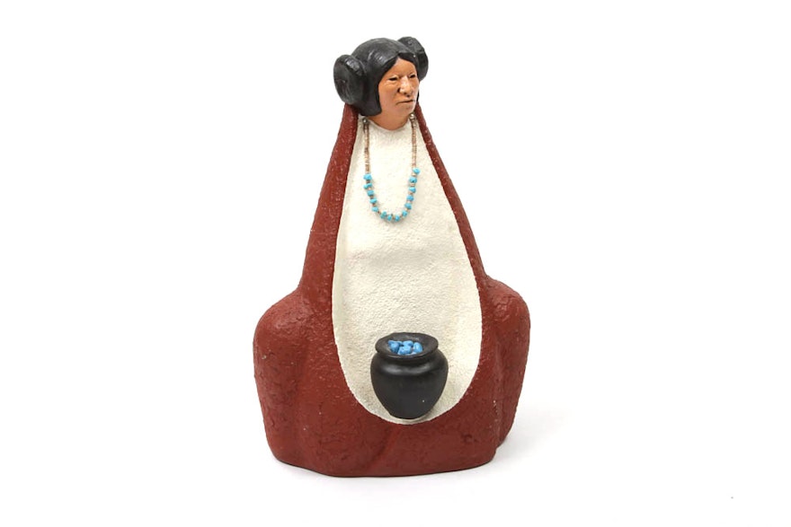 Native American Zuni Ceramic Woman With Black Pot