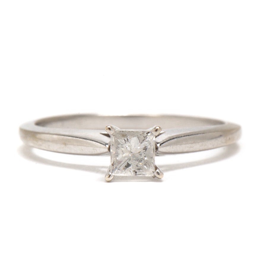 14K White Gold Solitaire Princess-Cut Diamond Engagement Ring