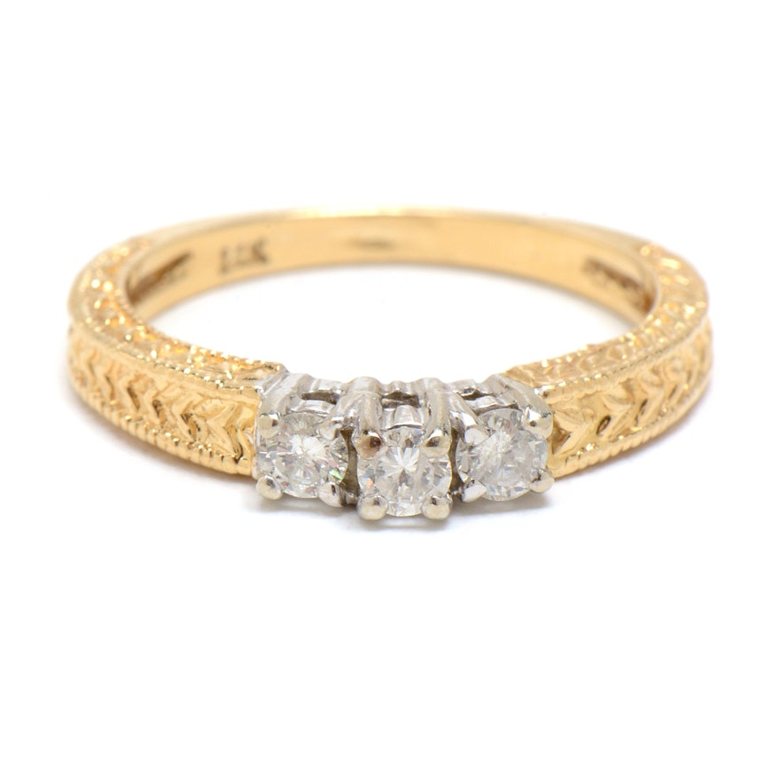 14K Yellow Gold Three Diamond Engagement Ring