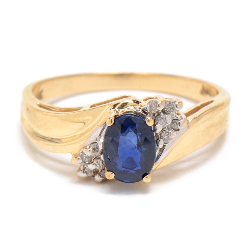 14K Yellow Gold Natural 0.98 Carat Blue Sapphire Diamond Ring