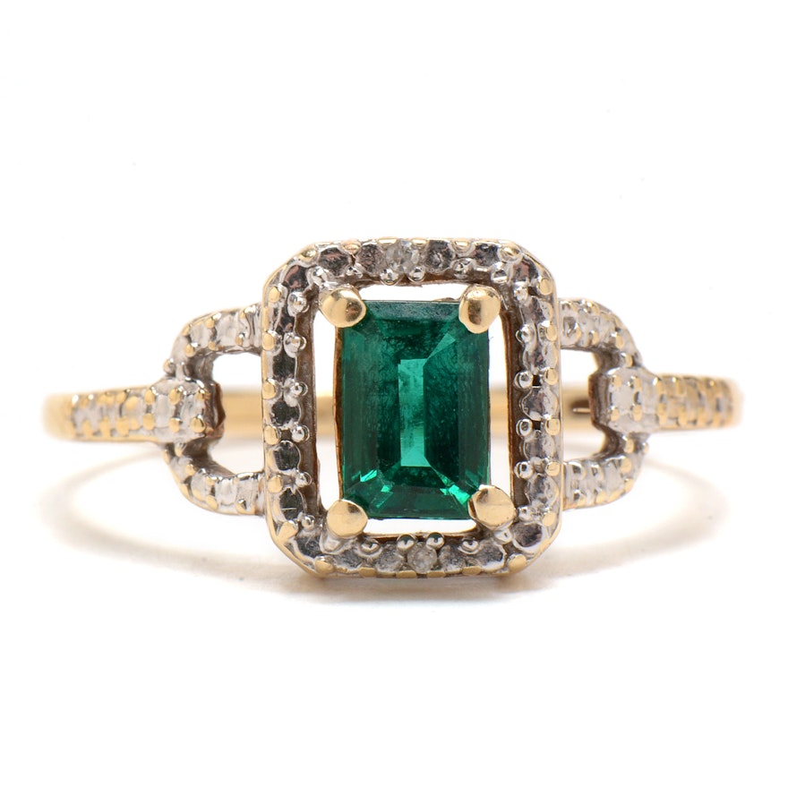 10K Yellow Gold Synthetic Emerald Diamond Ring