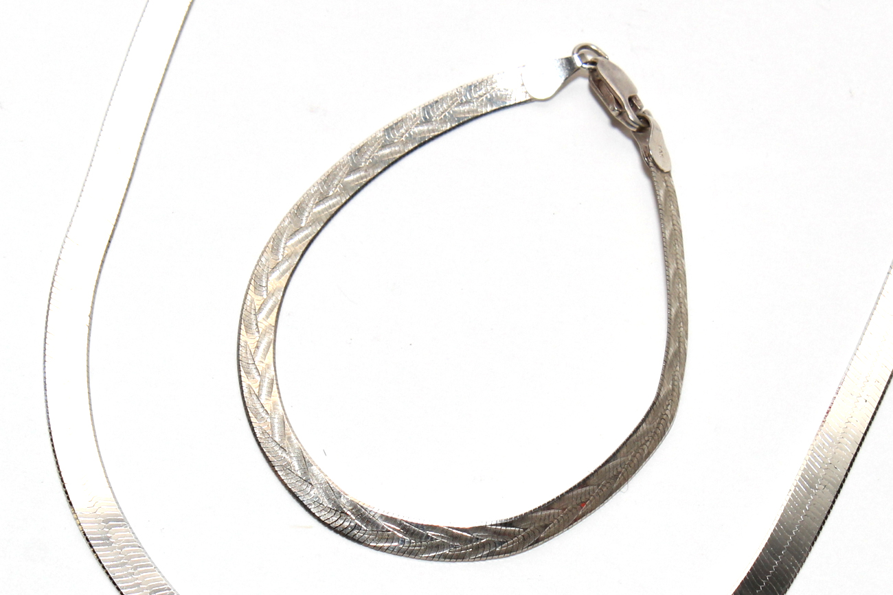 Italian Sterling Silver Herringbone Choker And Bracelet