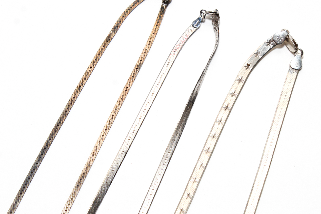 Three Vintage Sterling Silver Herringbone Necklaces