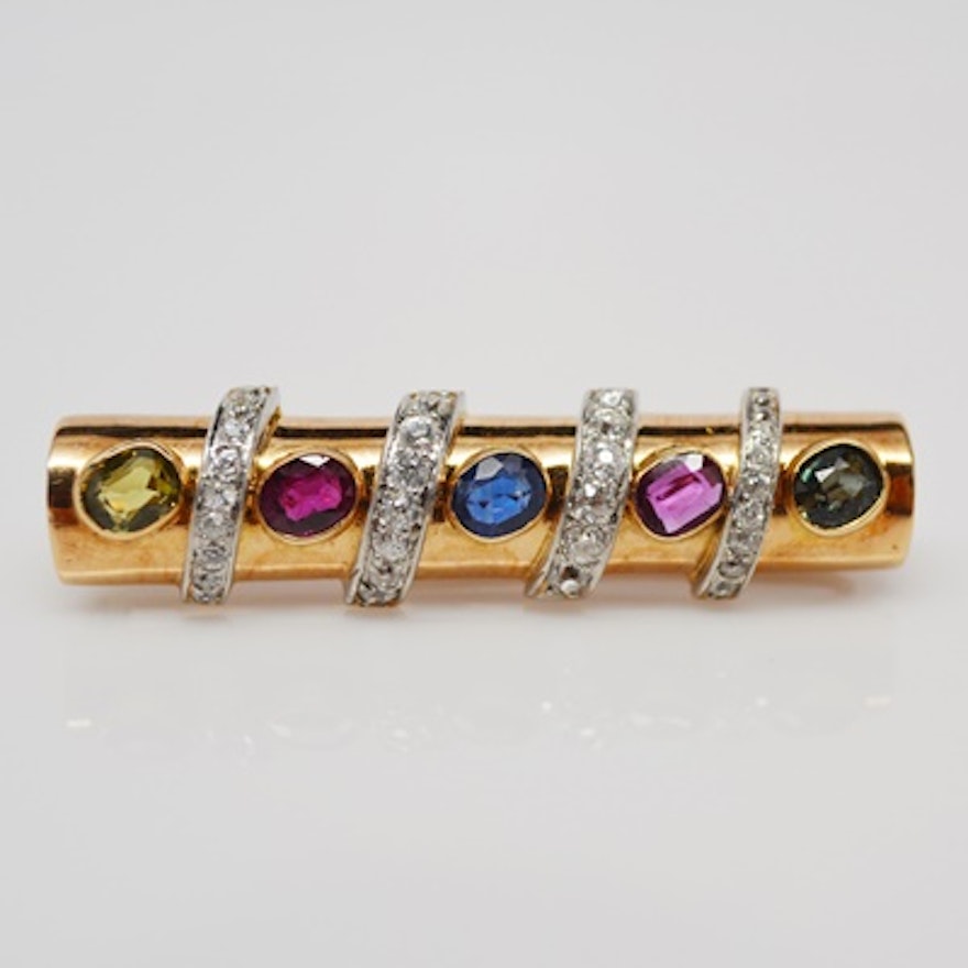 Vintage Retro 14K Yellow Gold Diamond and Gemstone Bar Brooch/Fur Clip