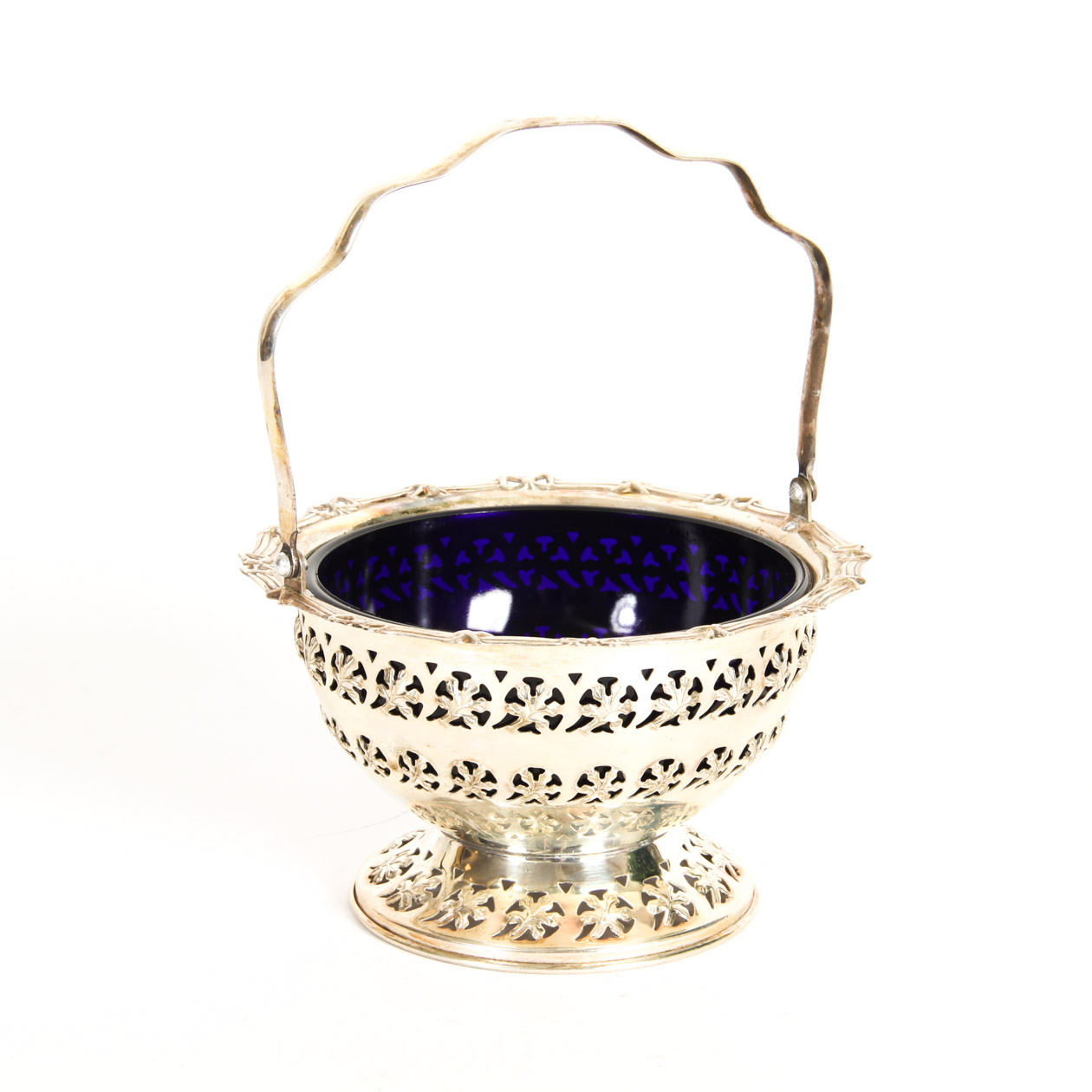 English Silver Plated Bonbon Basket with Cobalt Blue Glass Insert