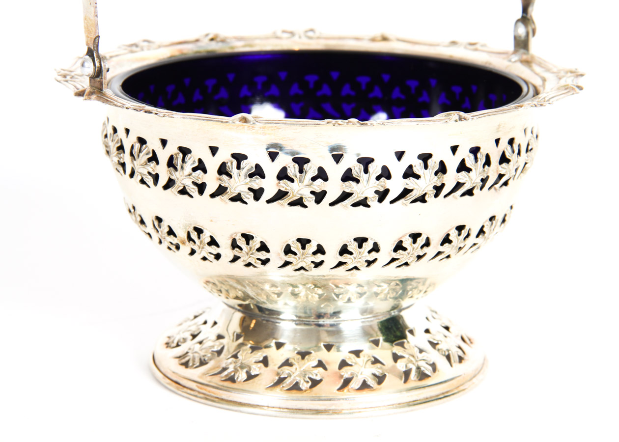 English Silver Plated Bonbon Basket with Cobalt Blue Glass Insert