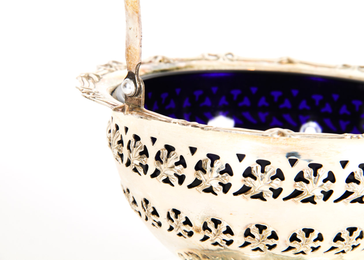 English Silver Plated Bonbon Basket with Cobalt Blue Glass Insert