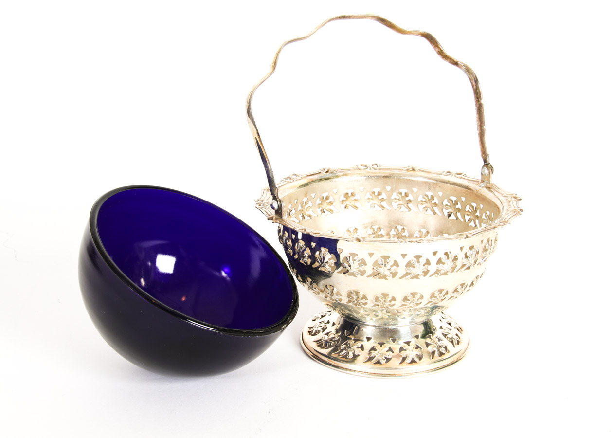 English Silver Plated Bonbon Basket with Cobalt Blue Glass Insert
