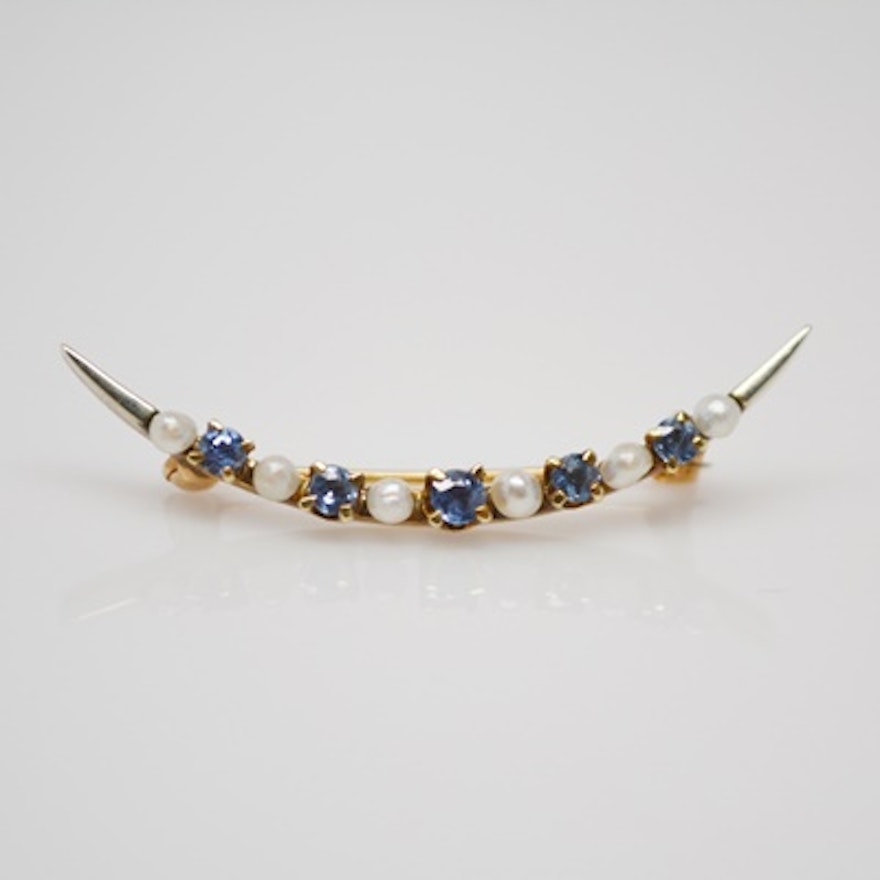 Victorian 14K Yellow Gold Pearl and Sapphire Crescent Moon Brooch