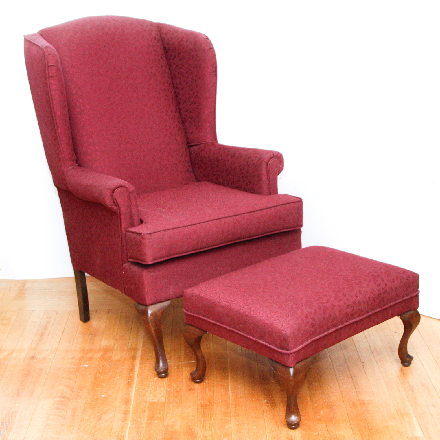 Queen Anne Style Wingback Chair and Ottoman