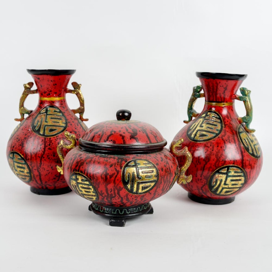 Painted Chinese Red and Black Lacquer Vases with Dragon Handles