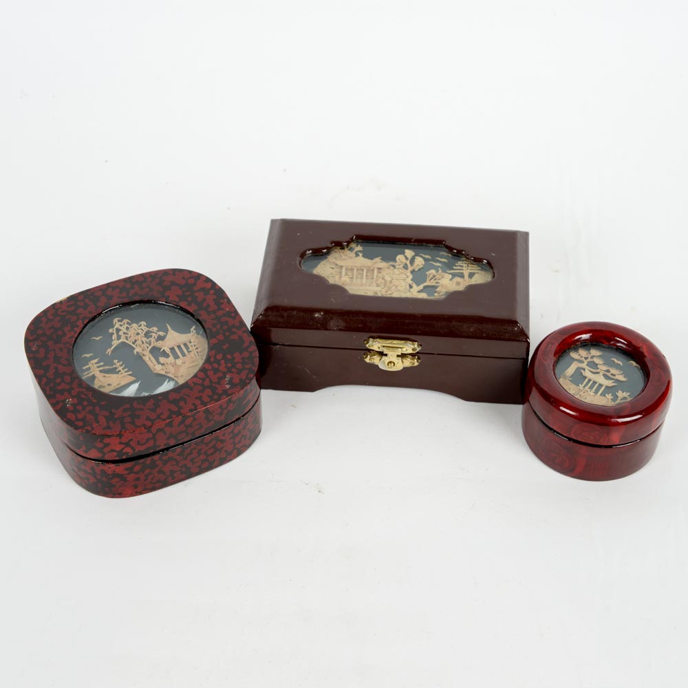 Set of Three Chinese Cork Art Wooden Lacquered Boxes