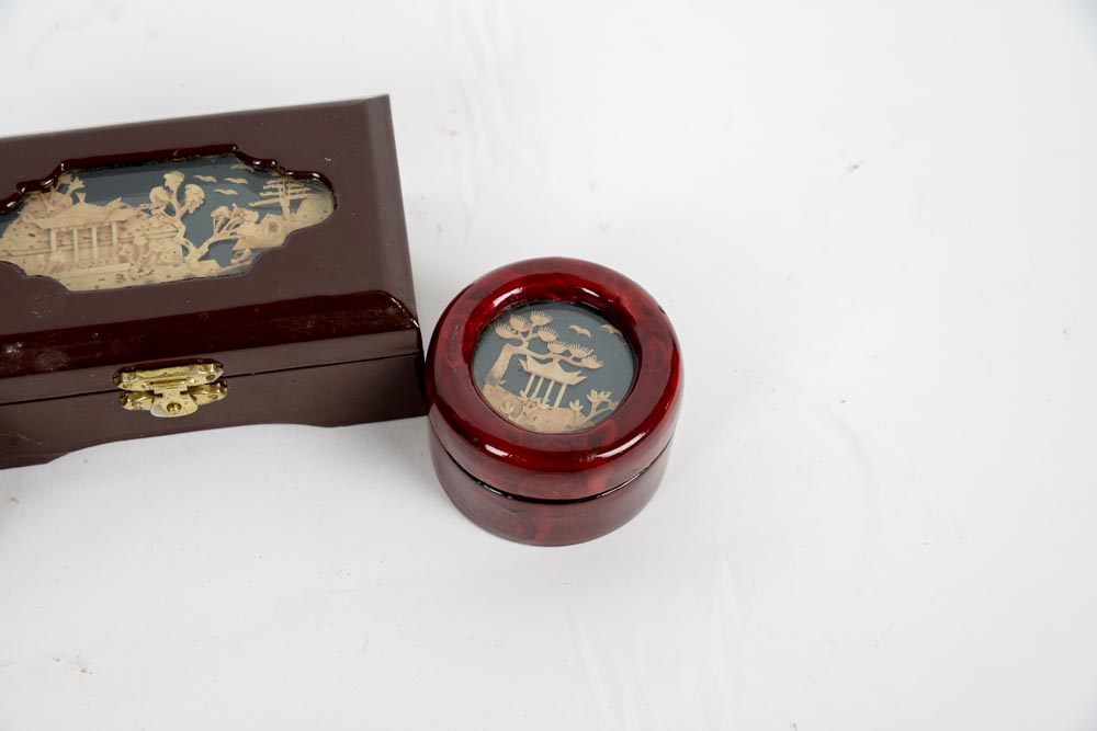 Set of Three Chinese Cork Art Wooden Lacquered Boxes