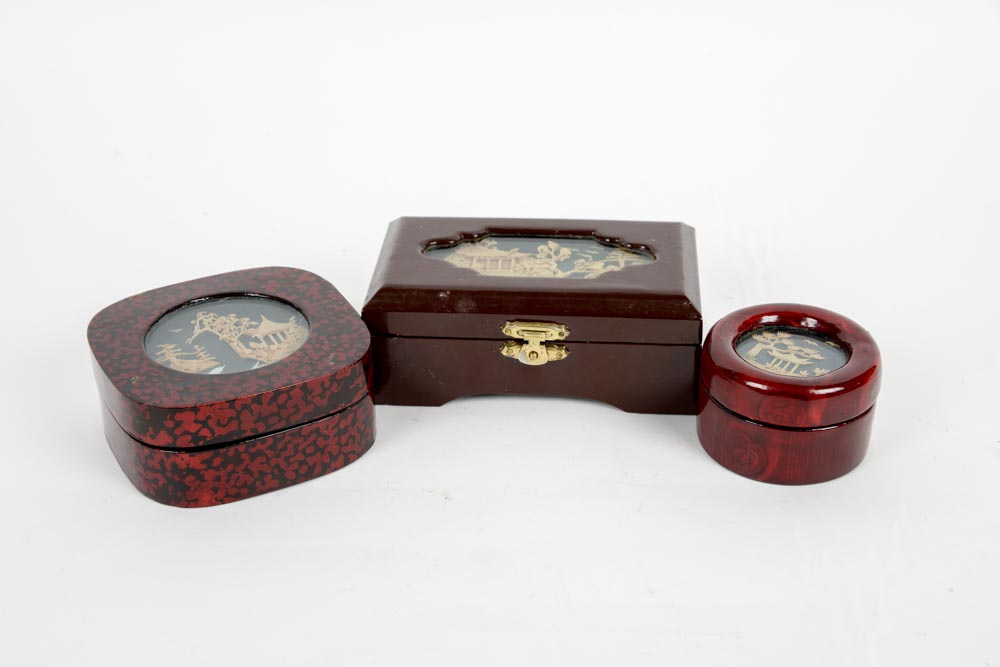 Set of Three Chinese Cork Art Wooden Lacquered Boxes