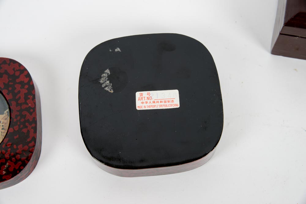 Set of Three Chinese Cork Art Wooden Lacquered Boxes