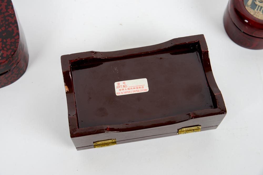 Set of Three Chinese Cork Art Wooden Lacquered Boxes