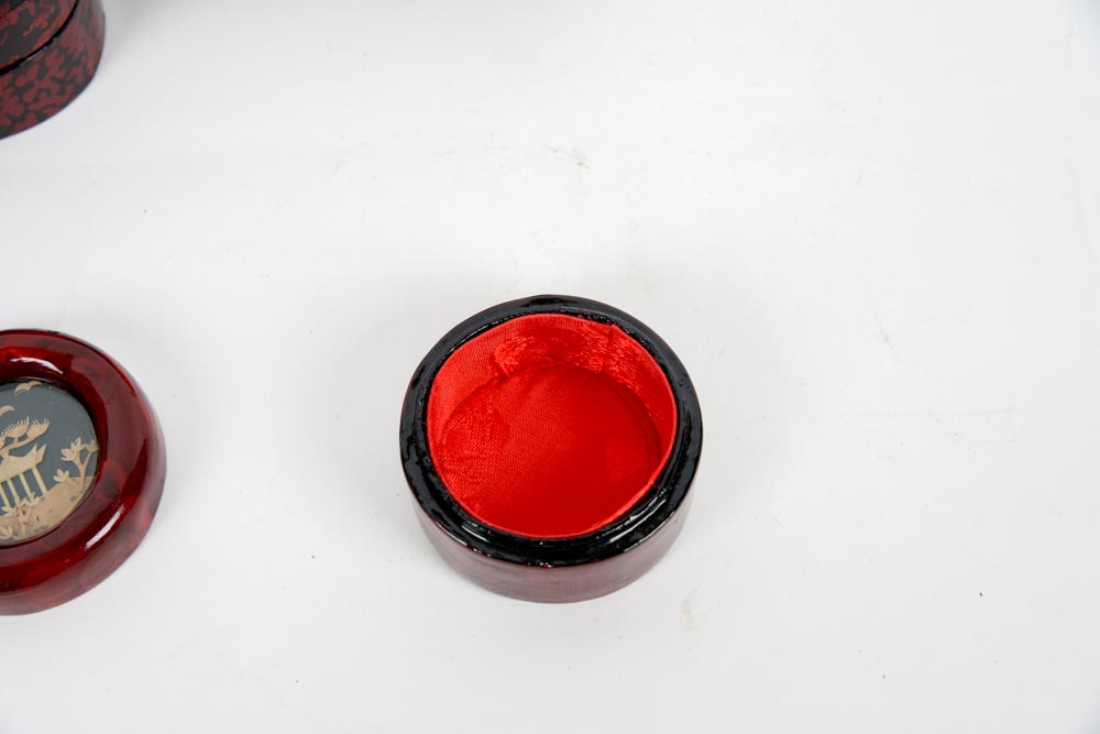 Set of Three Chinese Cork Art Wooden Lacquered Boxes