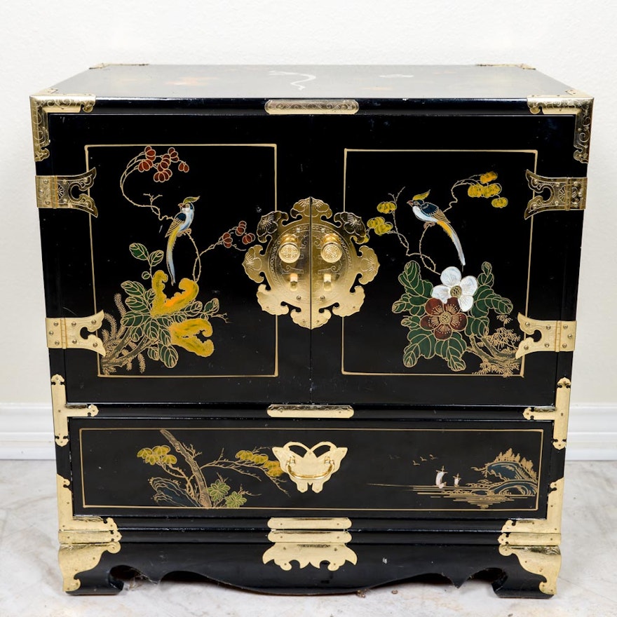 Chinoiserie Black Lacquer Painted Nightstand