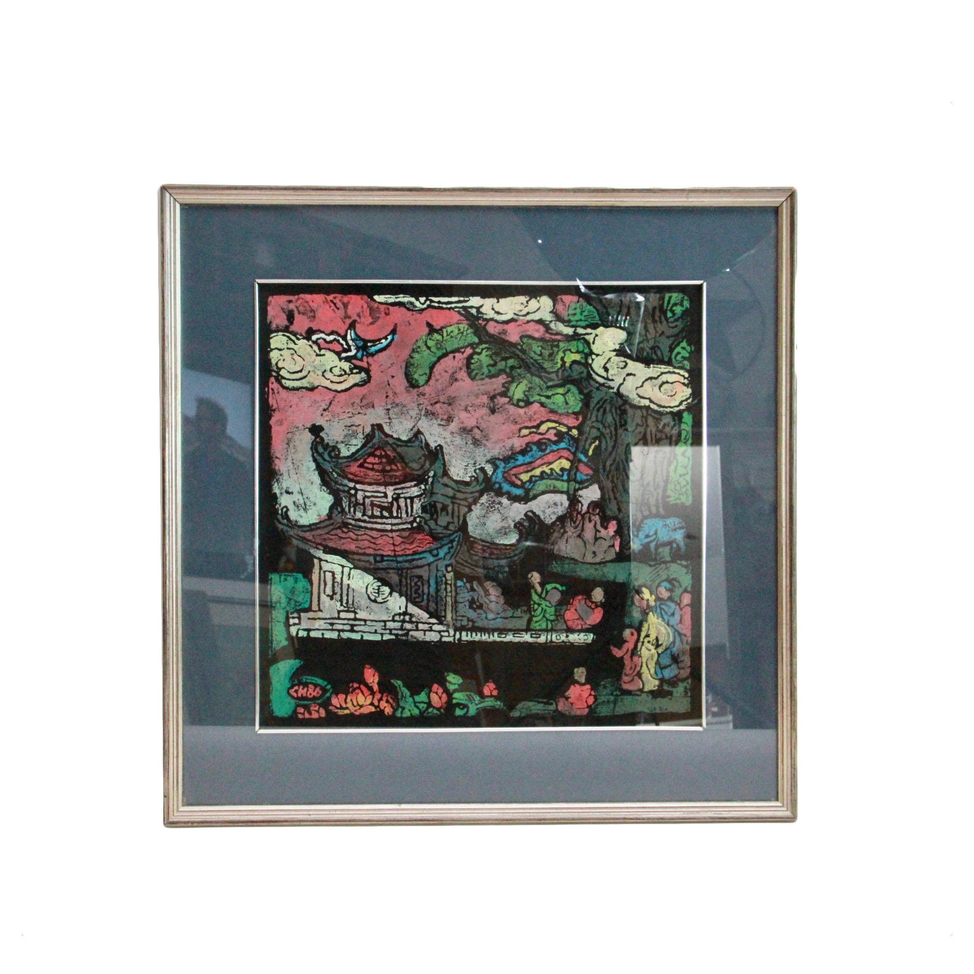 East Asian Inspired Intaglio Print on Black Paper