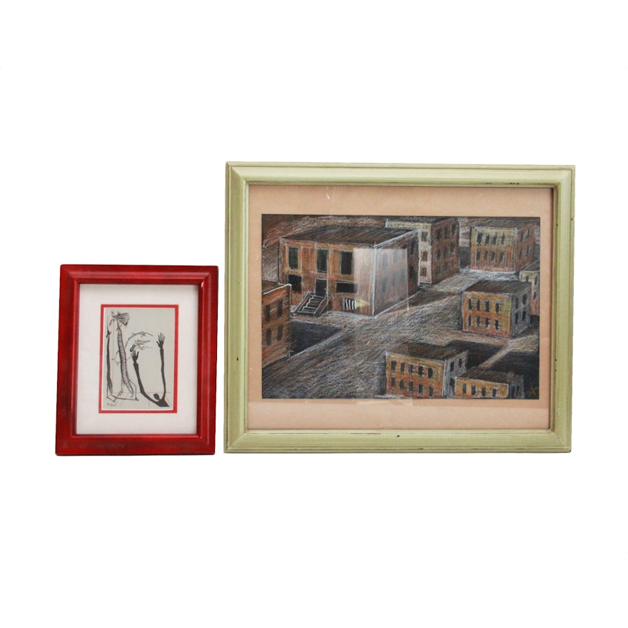Pastel Cityscape and After Salvador Dalí Reproduction Print "Rod and Gun"
