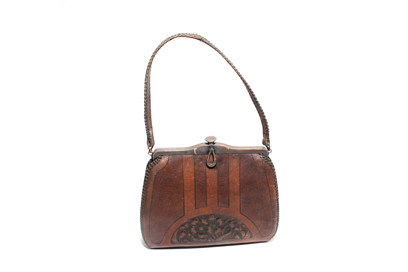 Art Deco "Meeker Made" Tooled Leather and Silver Handbag