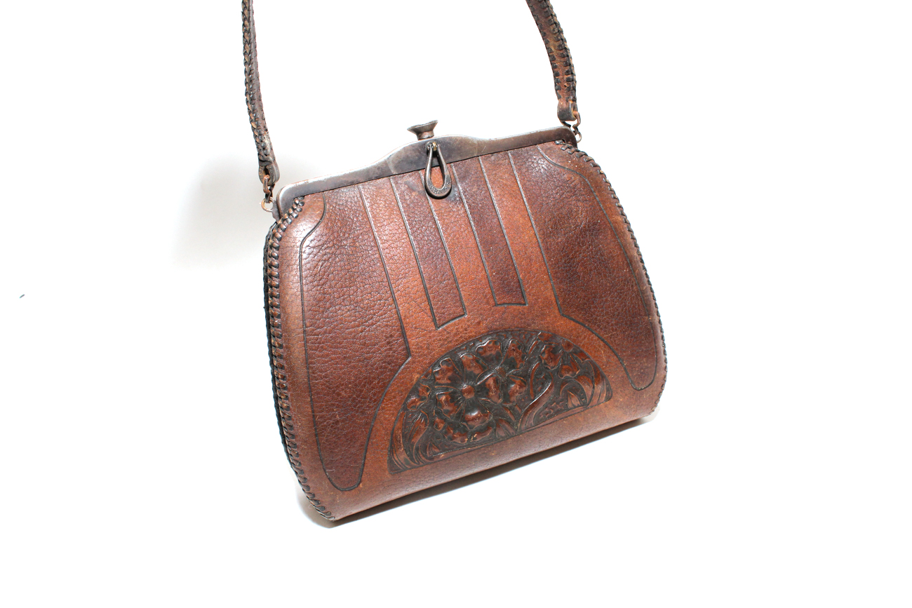 Art Deco "Meeker Made" Tooled Leather and Silver Handbag