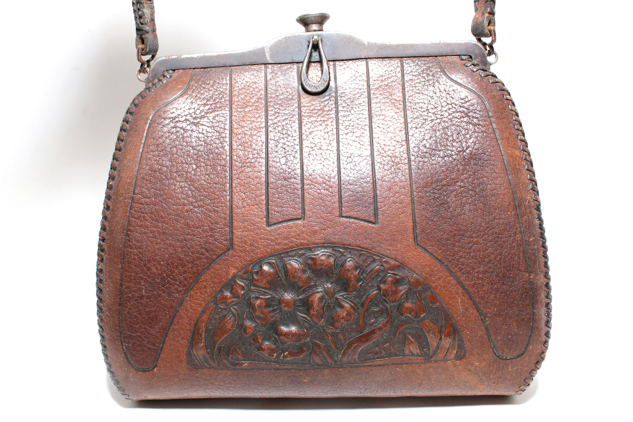 Art Deco "Meeker Made" Tooled Leather and Silver Handbag