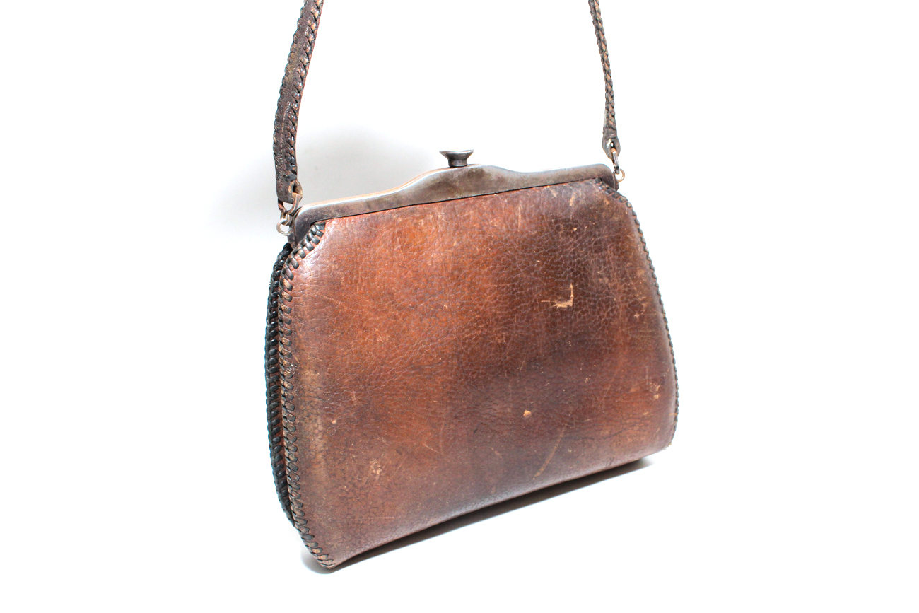 Art Deco "Meeker Made" Tooled Leather and Silver Handbag