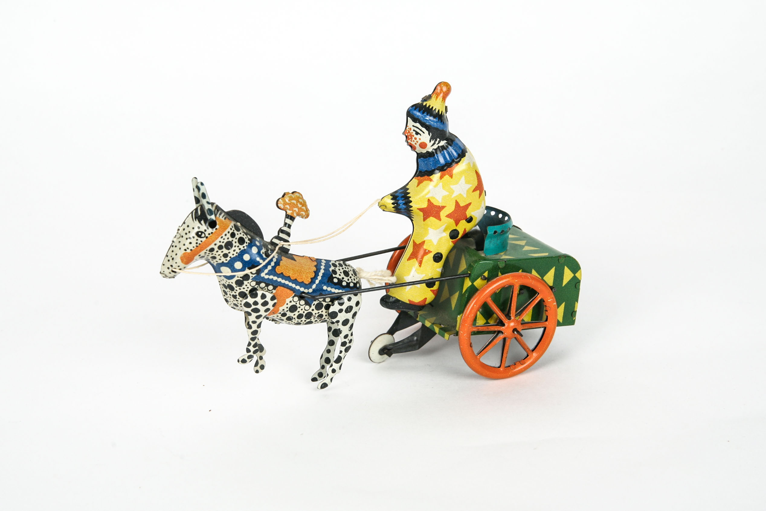 Vintage Tin Wind Up Clown Chariot Toy