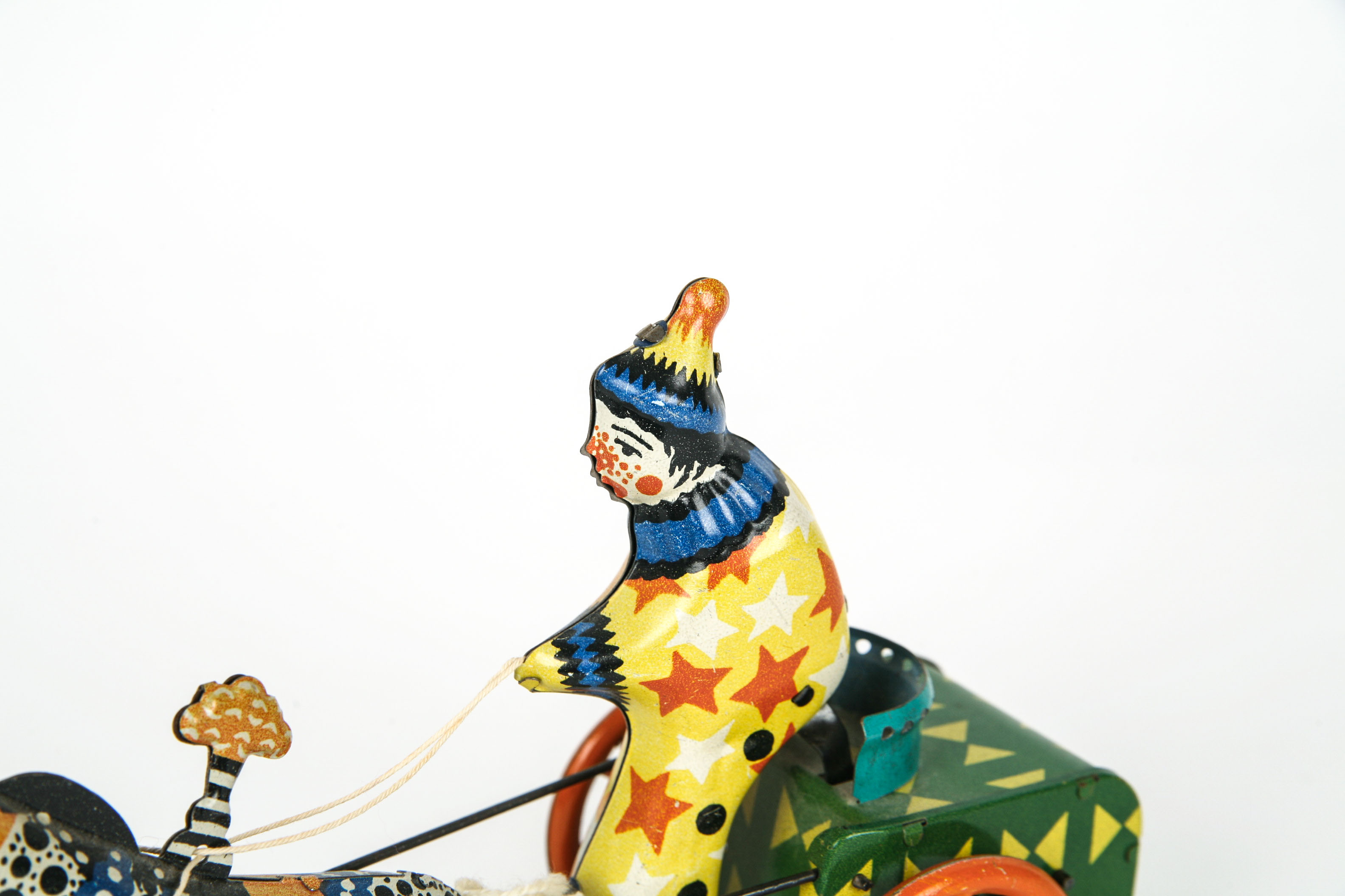 Vintage Tin Wind Up Clown Chariot Toy