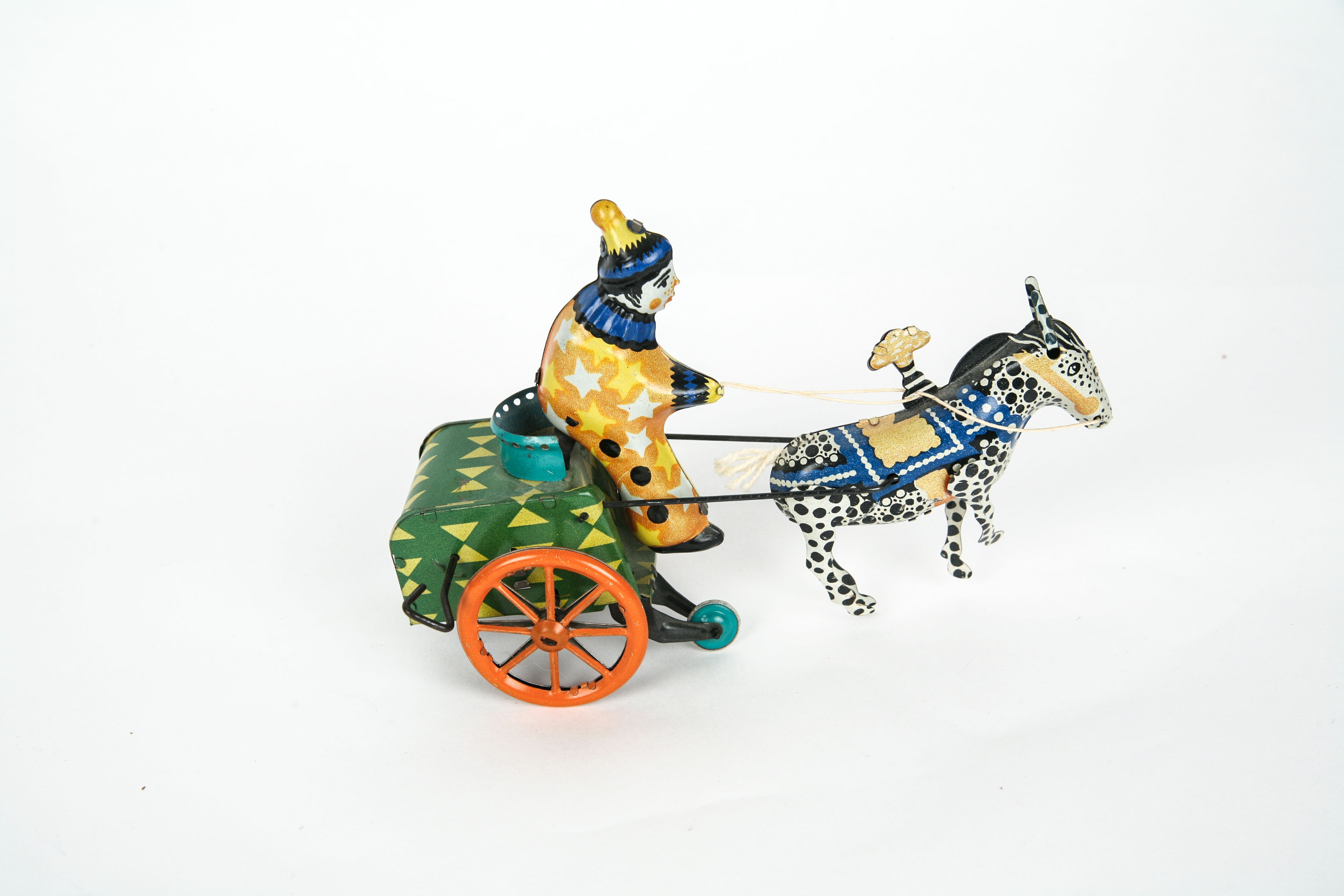 Vintage Tin Wind Up Clown Chariot Toy