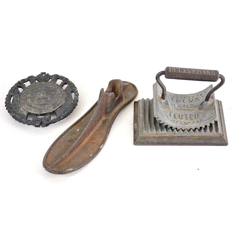 Cast Iron Crimper, Shoe Form, and Trivet