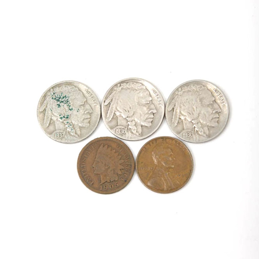 Group of Buffalo Nickels, a Wheat Penny and an Indian Head Penny