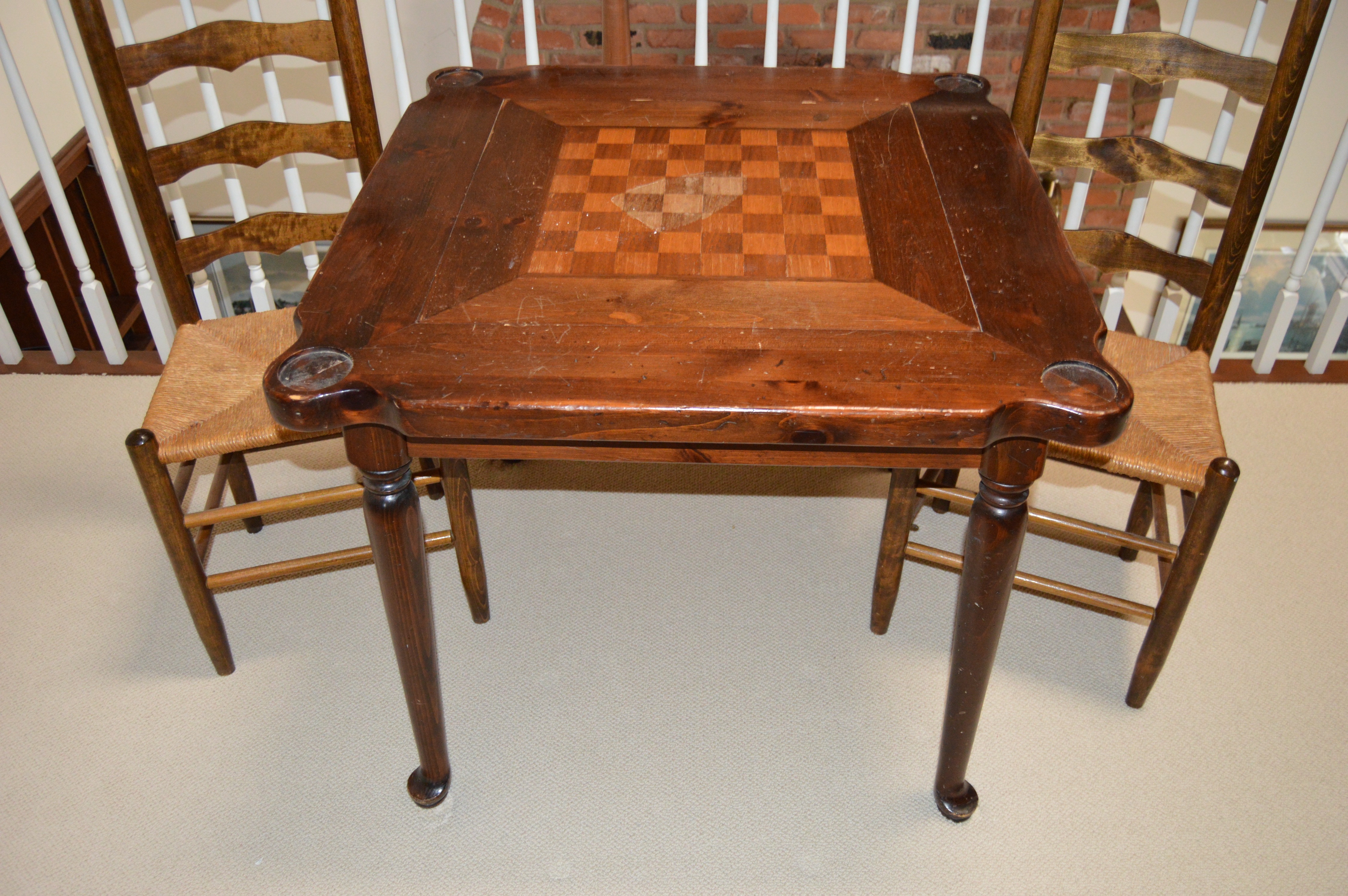 Game Table by Ethan Allen With Ladderback Rush-Seat Chairs