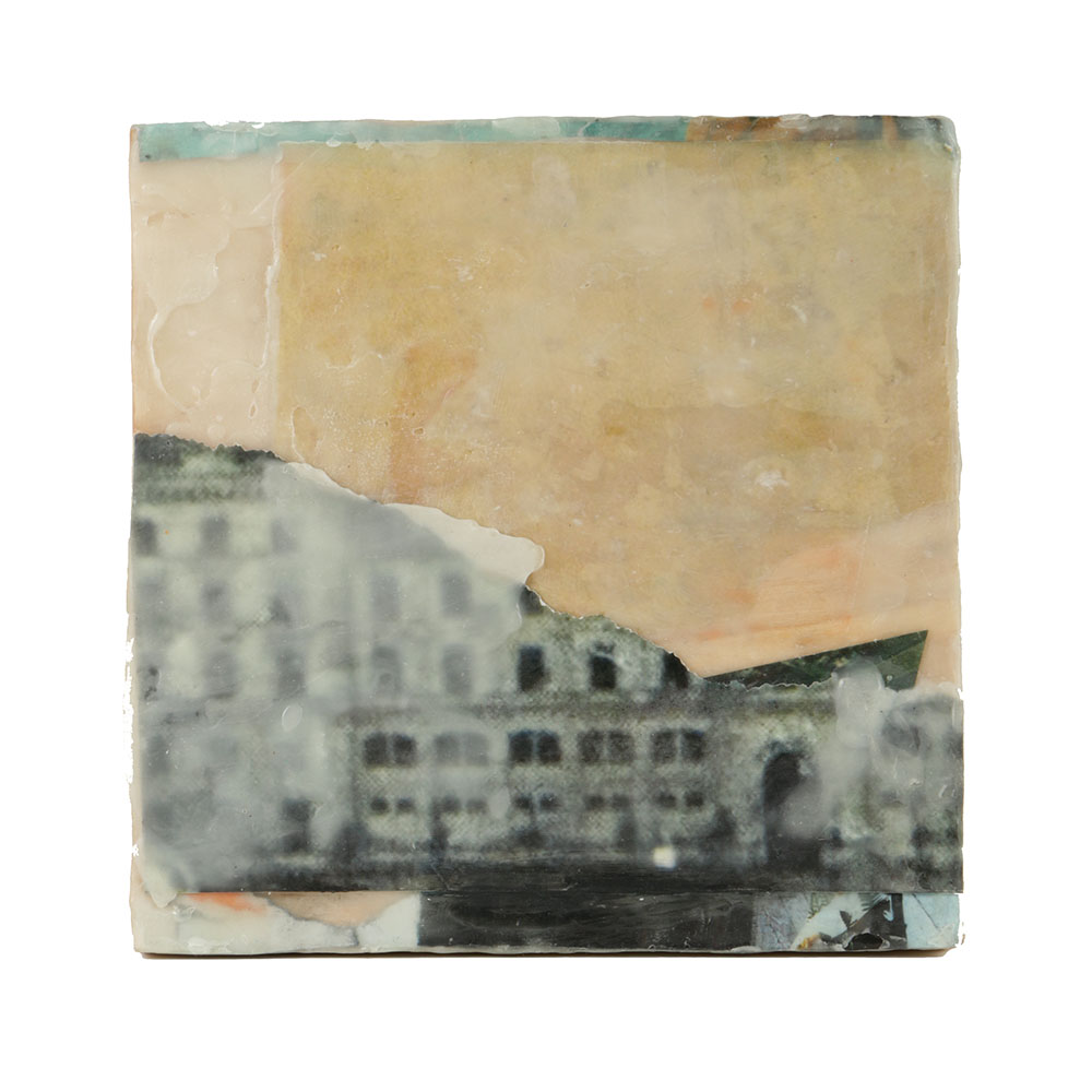 Kim Flora Encaustic and Collage on Panel "View from a Canal"