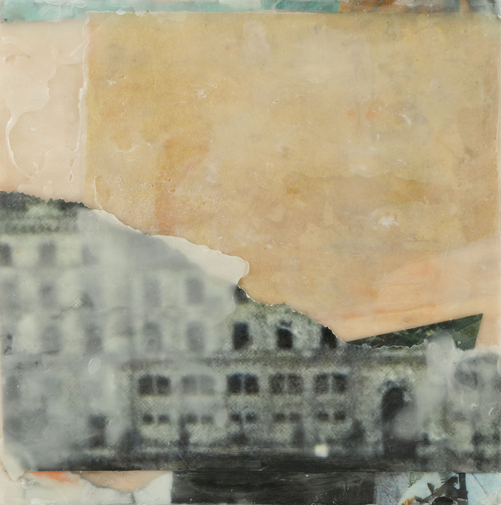 Kim Flora Encaustic and Collage on Panel "View from a Canal"