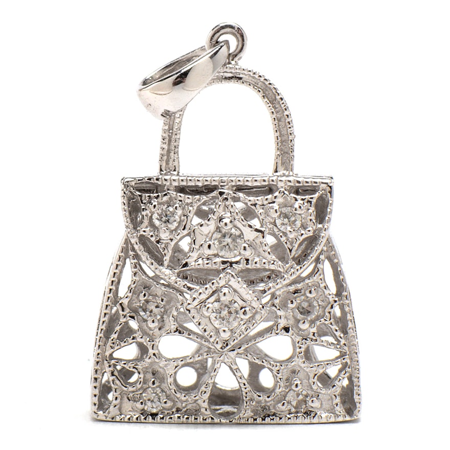 14K White Gold Diamond Figural Handbag Charm Pendant