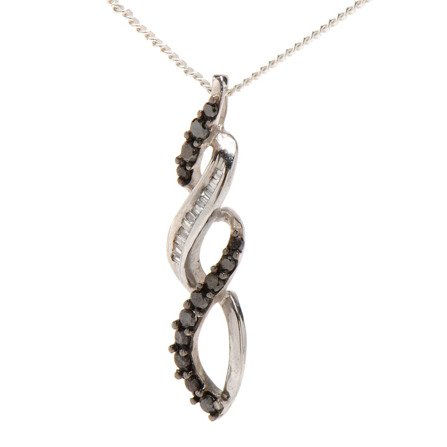 10K White Gold Diamond Hematite Pendant on Sterling Silver Chain