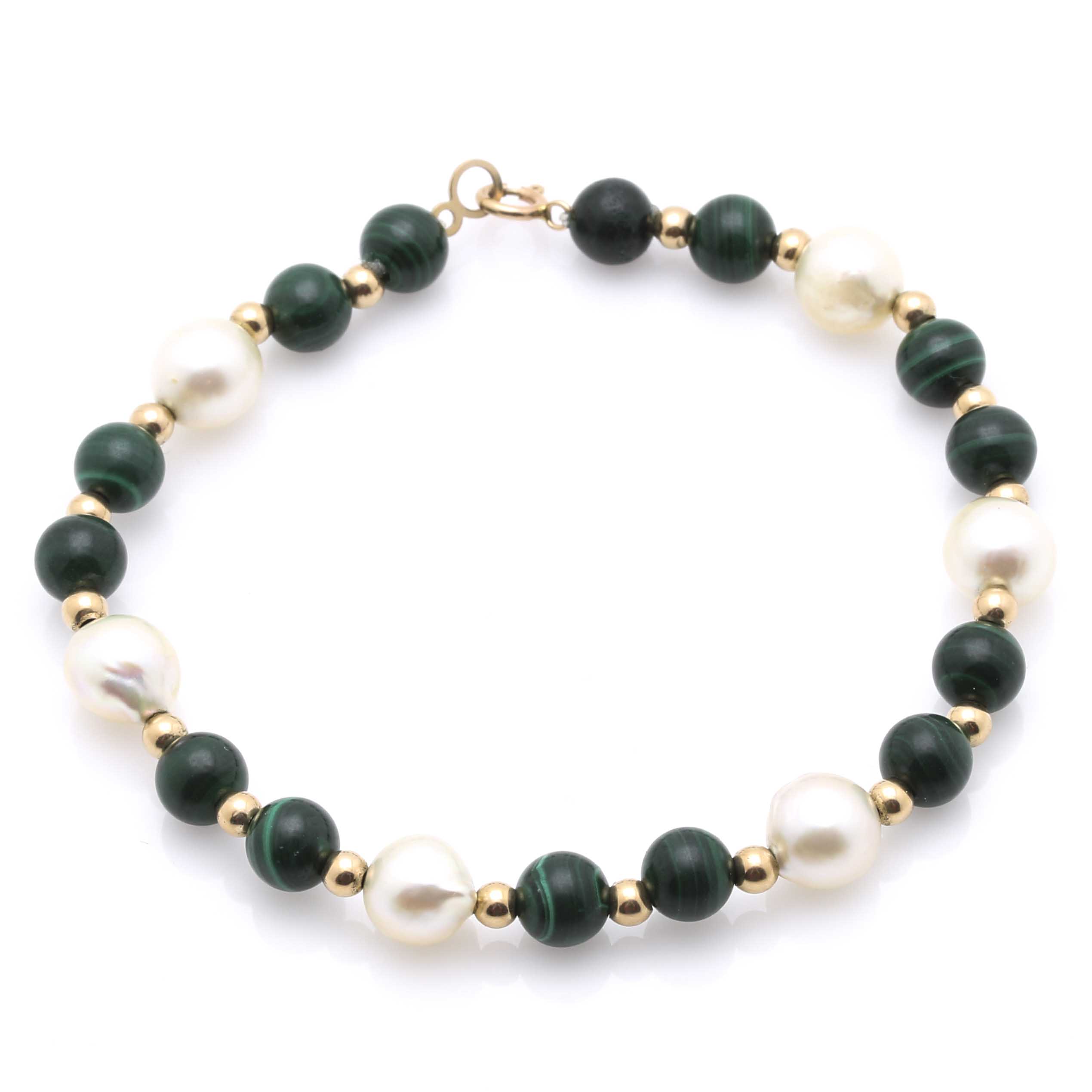 10K Yellow Gold Beaded Cultured Pearl and Malachite Bracelet With 14K Clasp