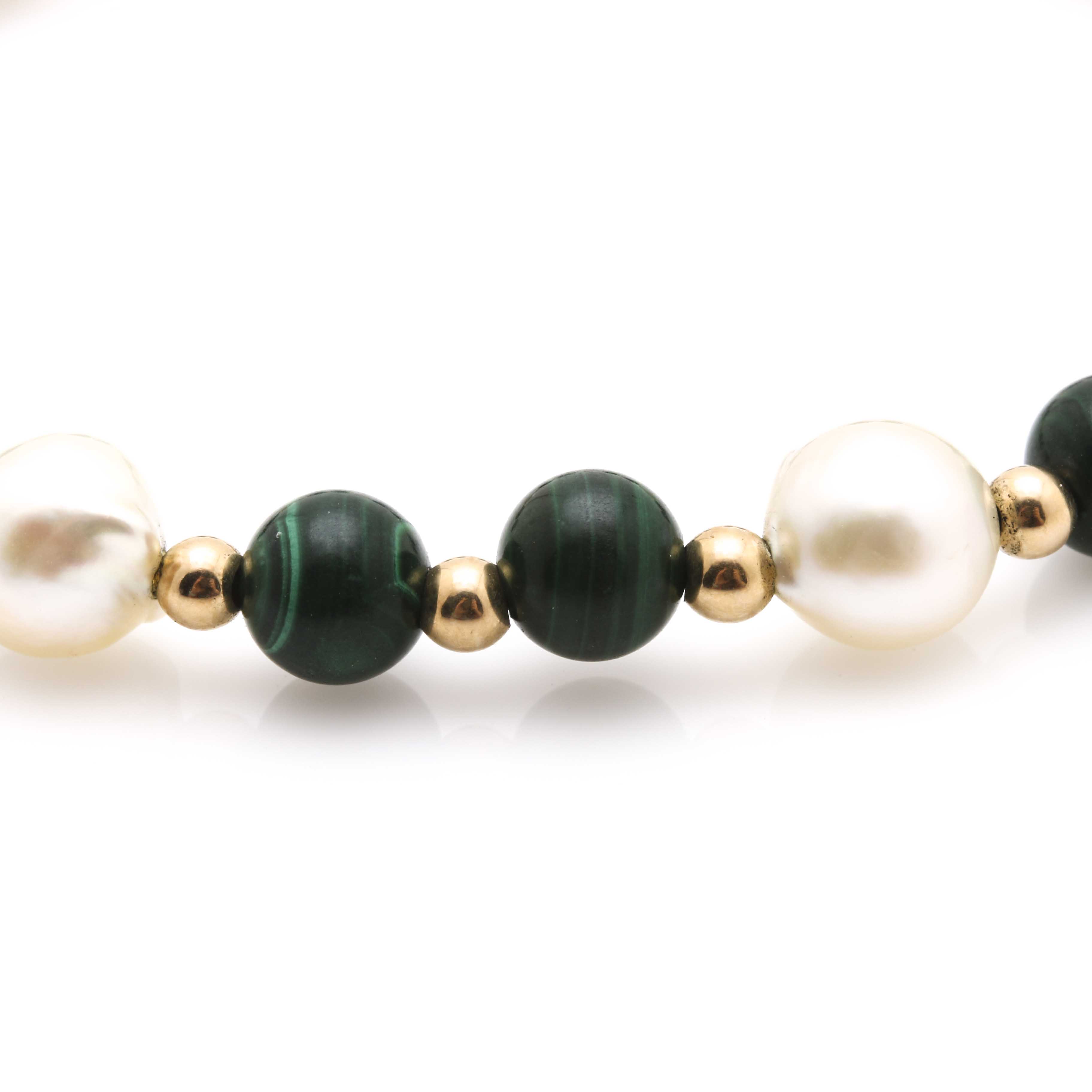 10K Yellow Gold Beaded Cultured Pearl and Malachite Bracelet With 14K Clasp