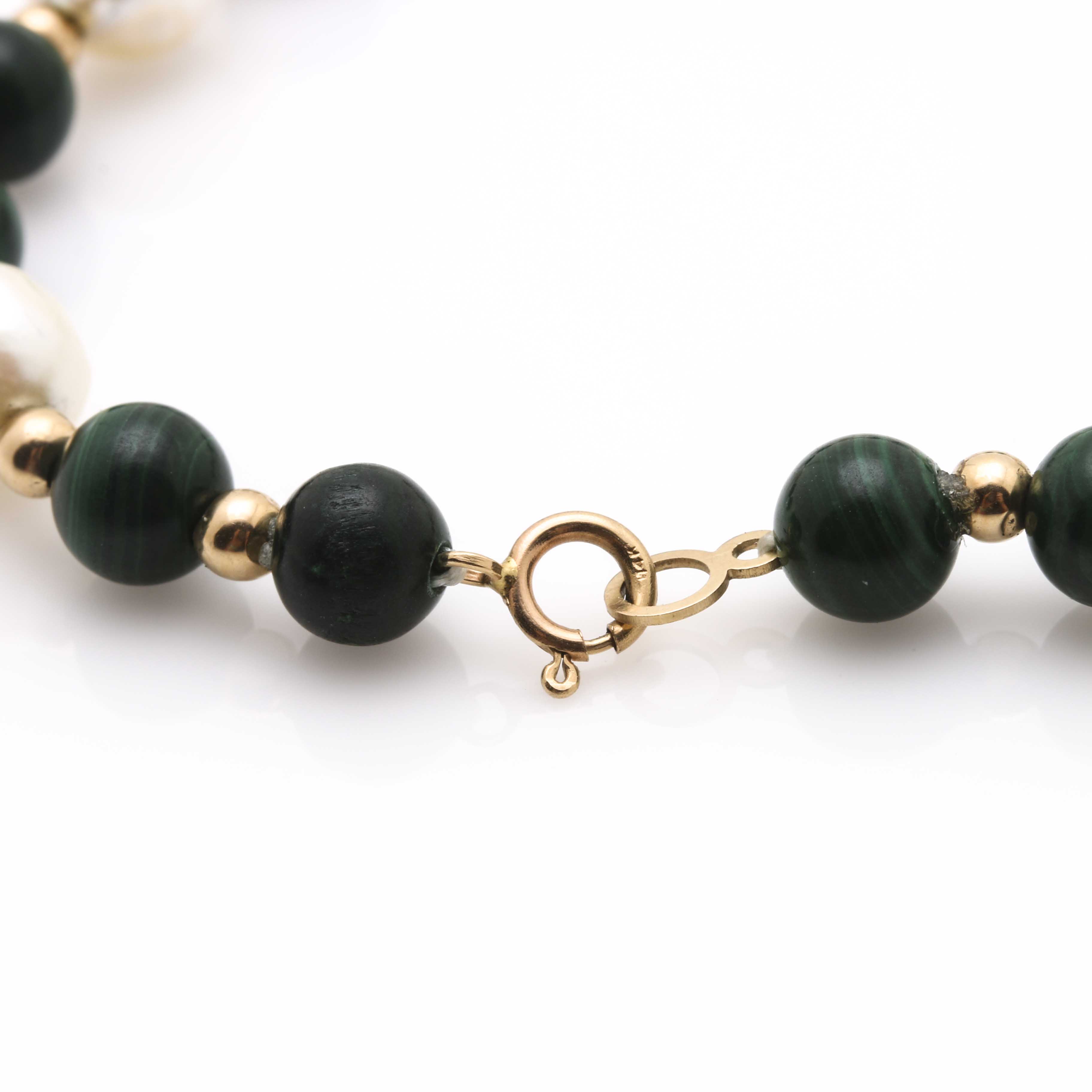 10K Yellow Gold Beaded Cultured Pearl and Malachite Bracelet With 14K Clasp