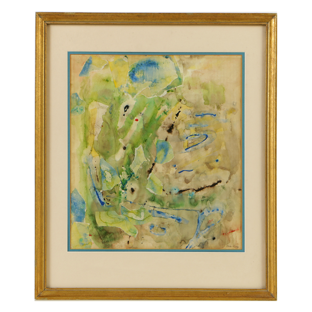 Watercolor Painting on Paper Collage with Wood and Gilt Frame