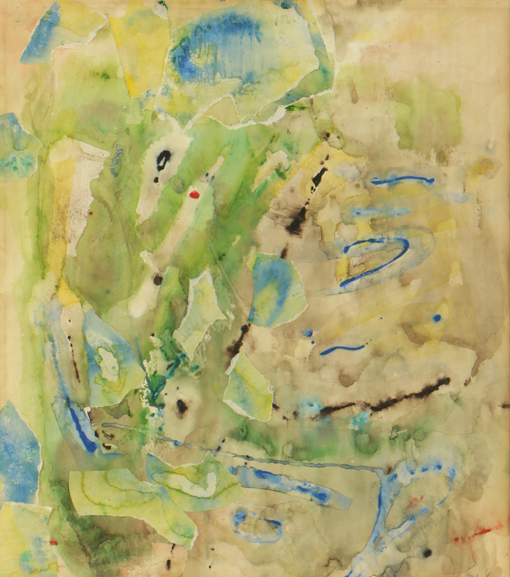 Watercolor Painting on Paper Collage with Wood and Gilt Frame