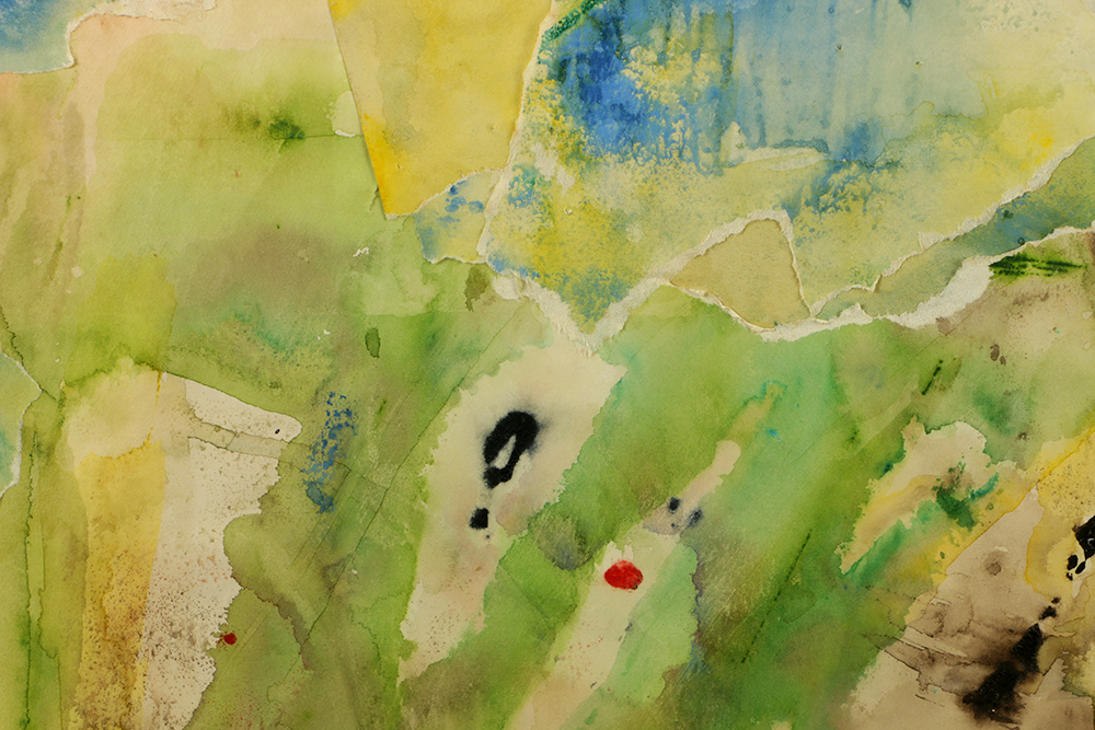 Watercolor Painting on Paper Collage with Wood and Gilt Frame