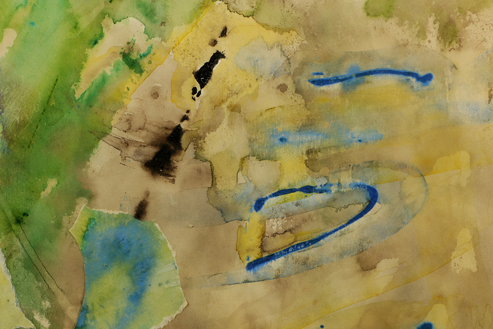 Watercolor Painting on Paper Collage with Wood and Gilt Frame