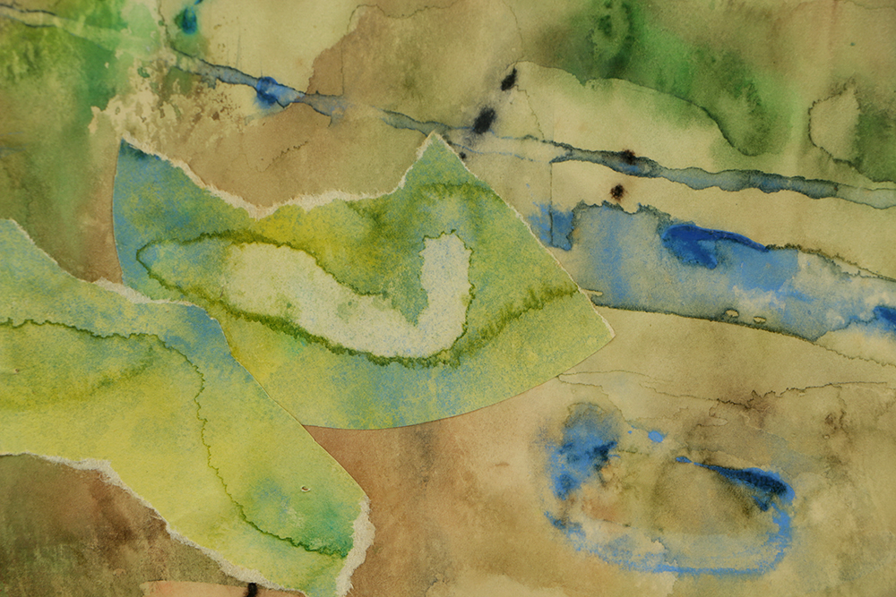 Watercolor Painting on Paper Collage with Wood and Gilt Frame