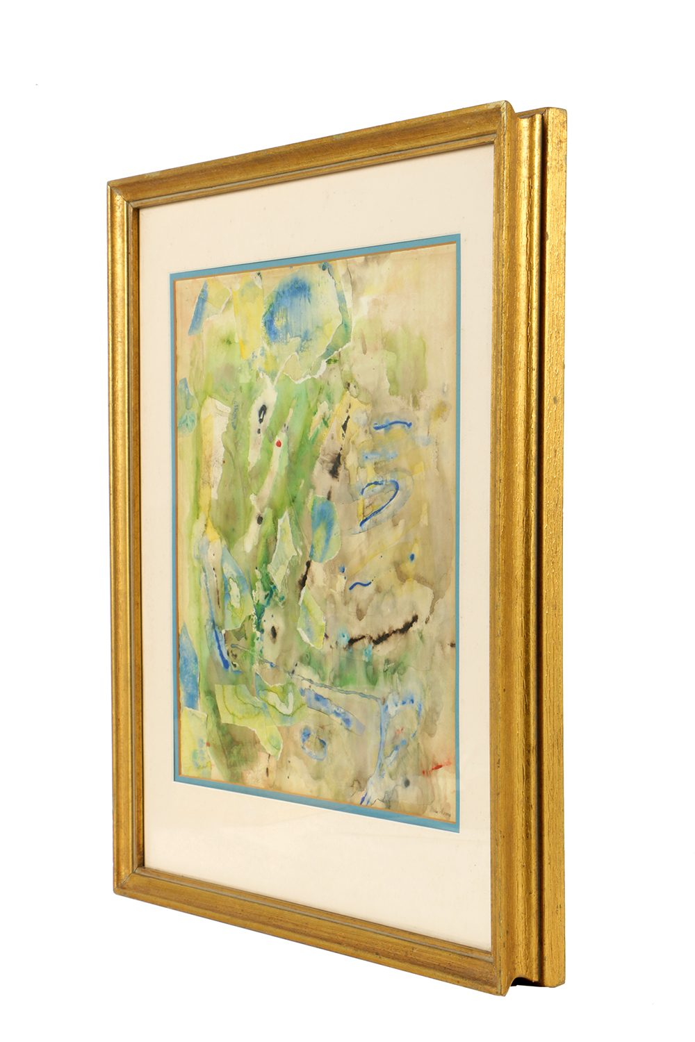 Watercolor Painting on Paper Collage with Wood and Gilt Frame