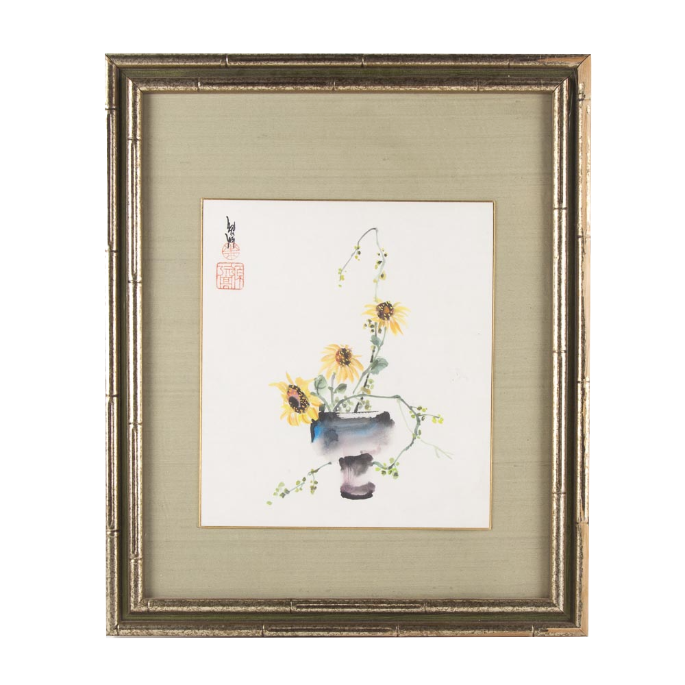 Asian Gouache Floral Still Life Pair